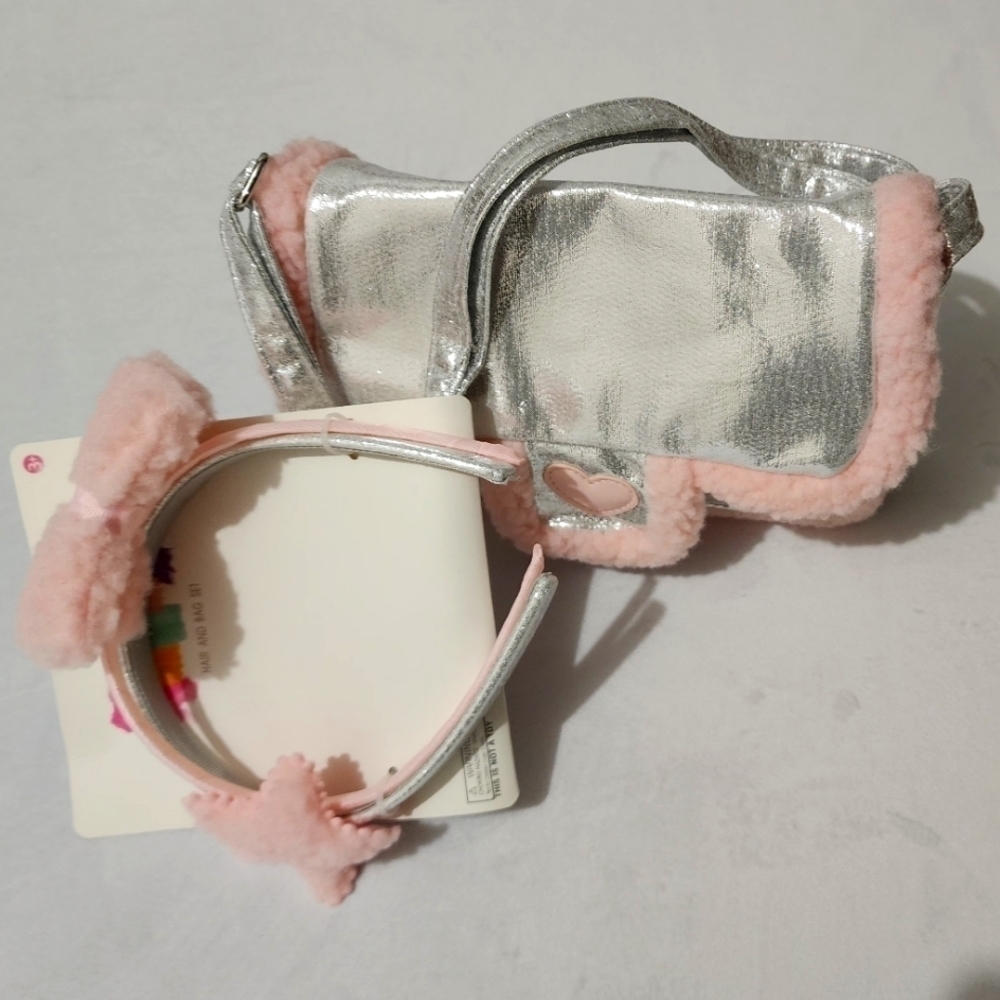 Verge Girls Sherpa Bag Headband set. Color-Silver & Pink